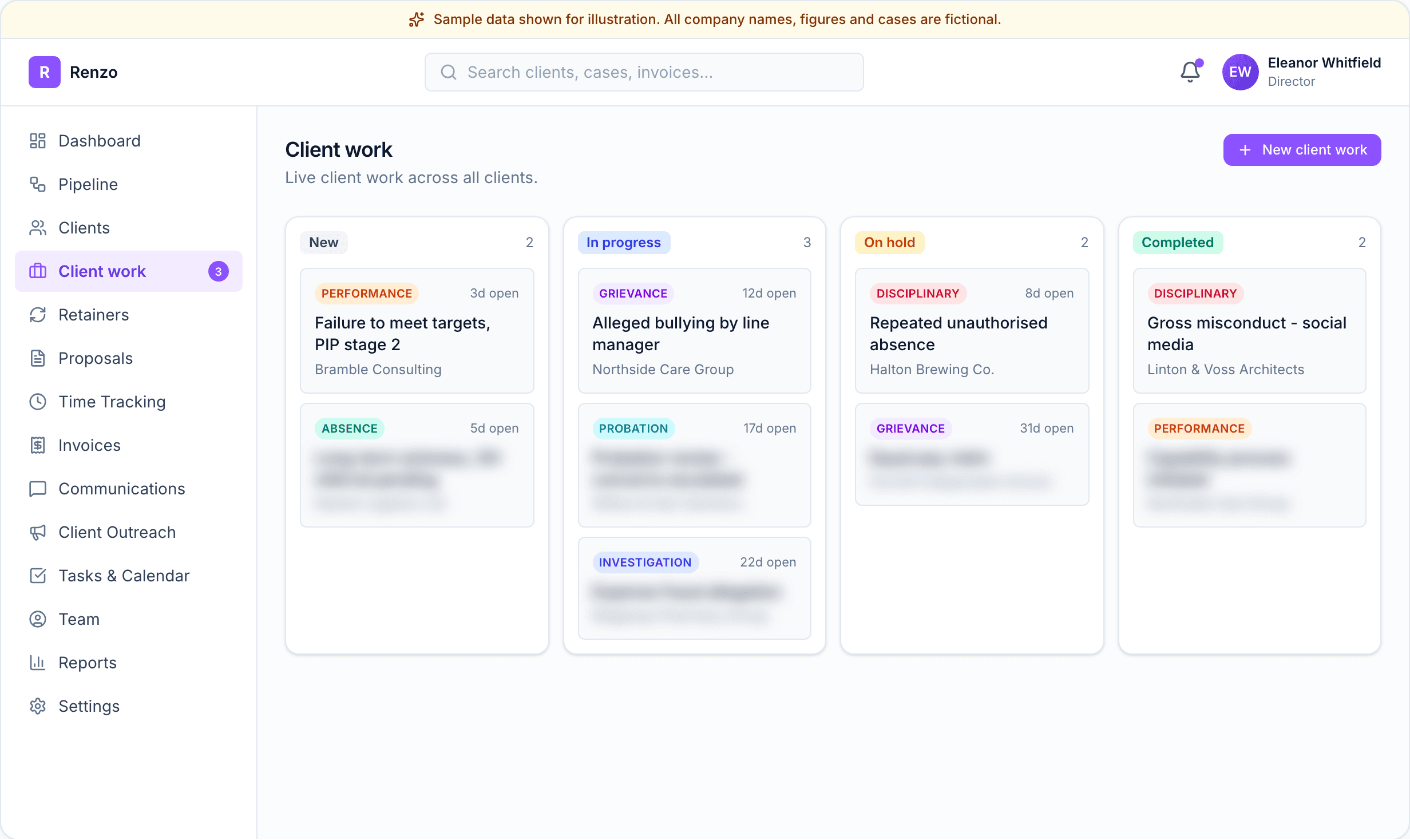 Renzo client work pipeline by stage for an HR consultancy