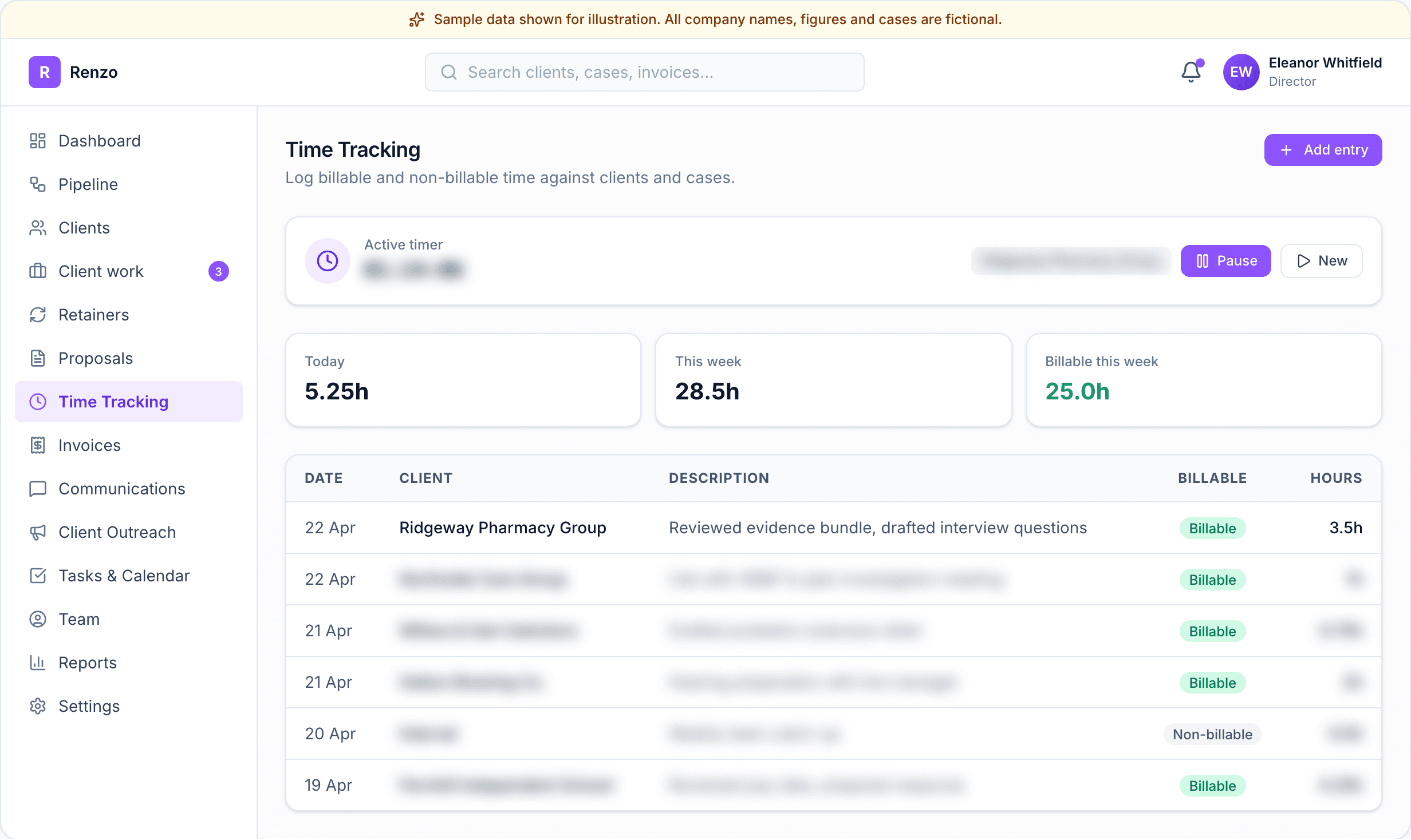 Renzo time tracking for HR consultants